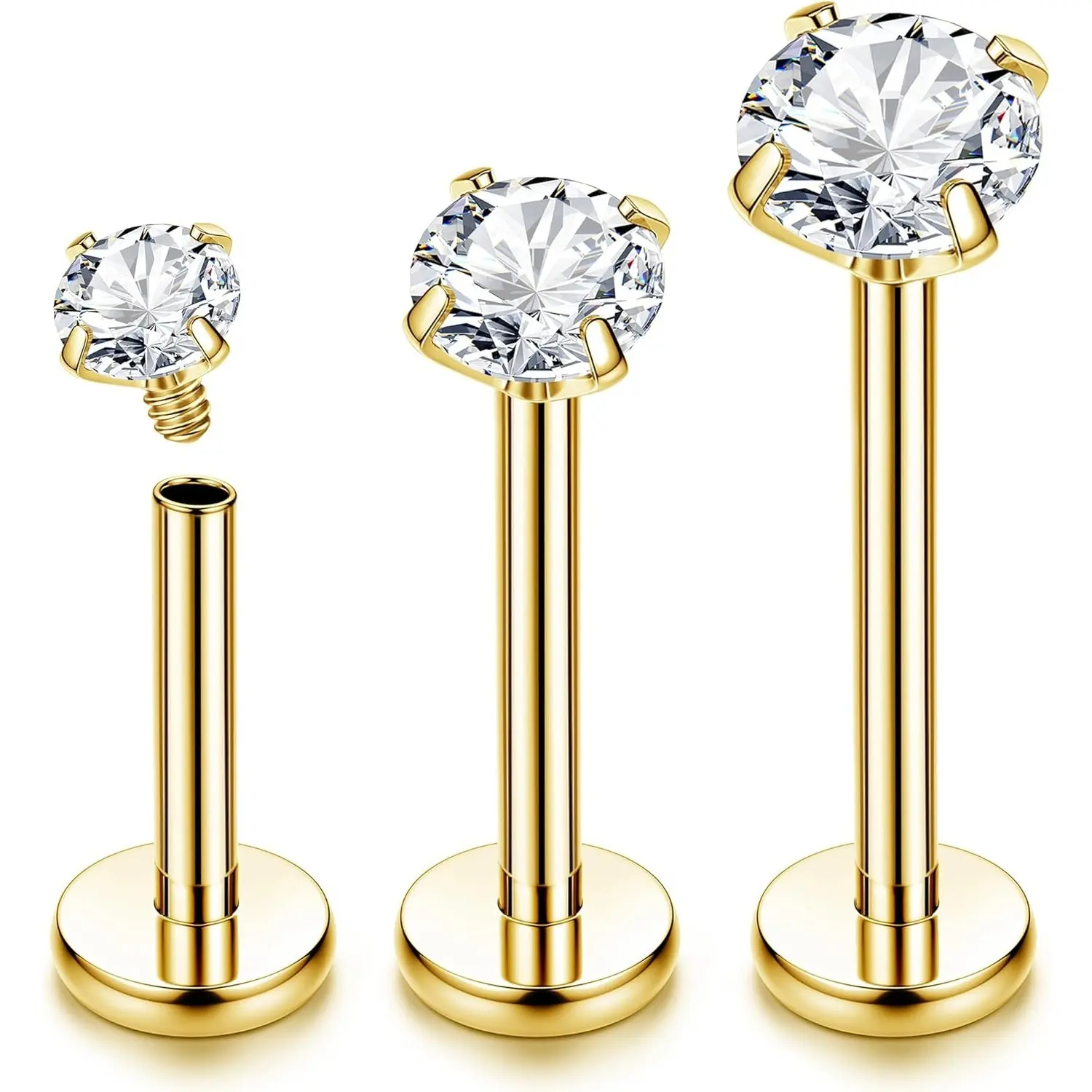 3-Pack G23 Titanium Labret Studs, 16G (1.2mm) Hypoallergenic Internally Threaded Body Jewelry with CZ for Monroe, Vertical Labret, Nose Piercing - 6/8/10mm, Daily Wear, Piercing Ideas, Anti-Allergenic, Side Labret Piercing Jewelry