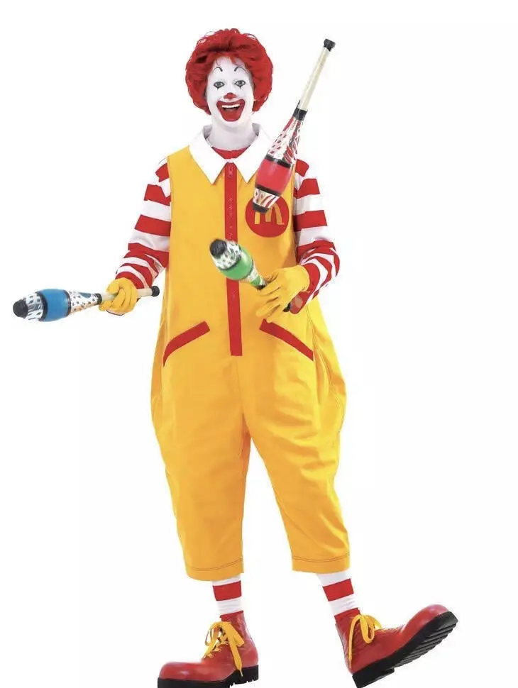Outdoor Retro Circus Clown Full Costume Set, Yellow Jumpsuit Red‑White Striped Sleeve, Halloween Carnival Cosplay Outfit for Men, Complete Party Role‑Play Suit