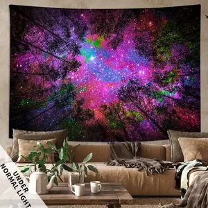 Mysterious Forest Night Scene Fluorescent Tapestry, Fantasy Galaxy Polyster UV Blacklight Tapestry, Wall Hanging For Living Room Bedroom Office Home Decor/Room Decor/Party Decor