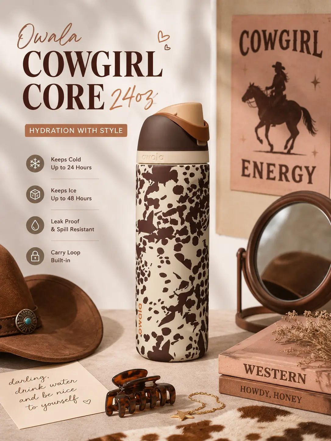 Owala Cowgirl Core 24oz FreeSip Insulated Water Bottle, Western Cow Print Stainless Steel Bottle with Straw for Women