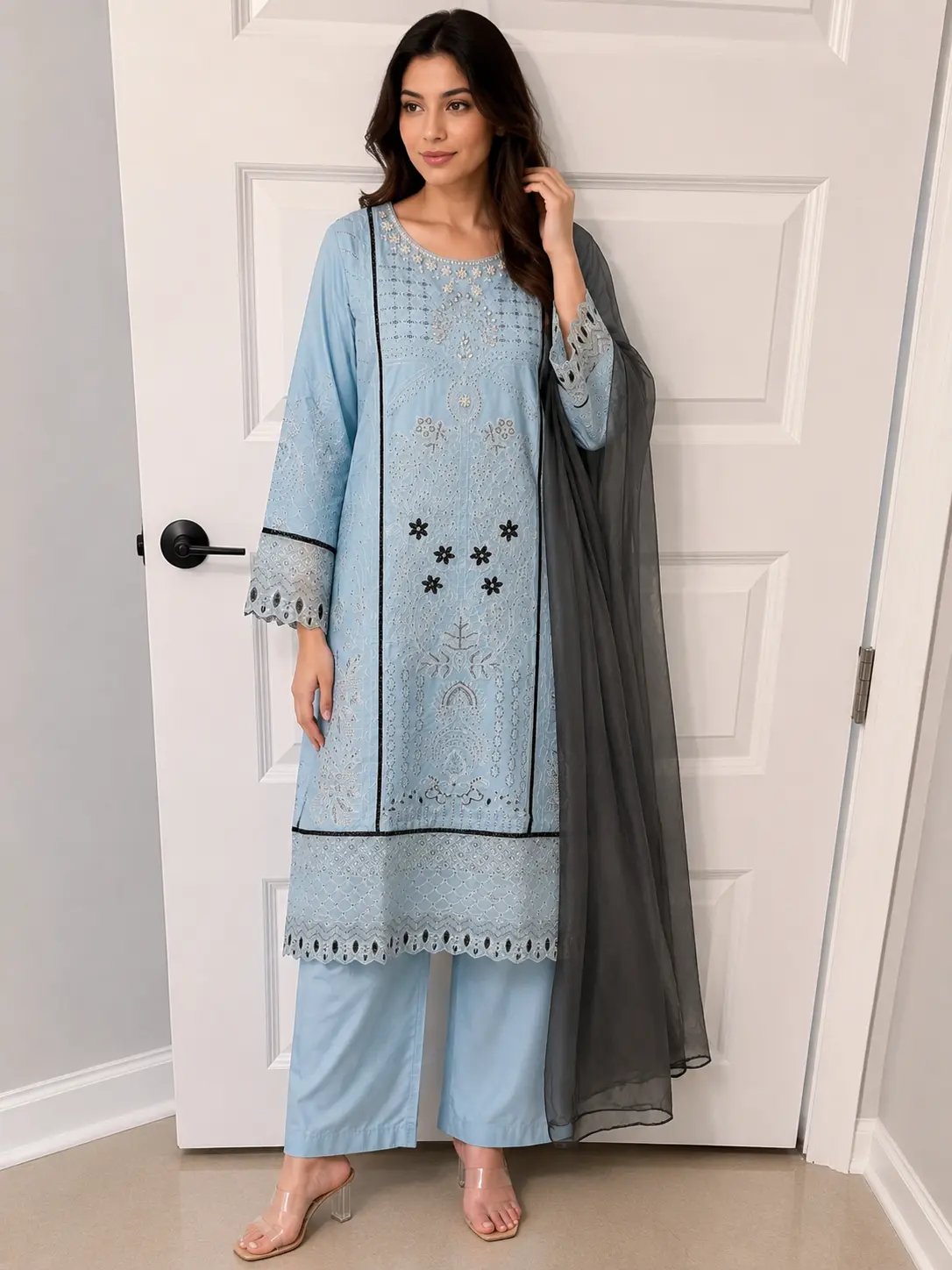 Women's Traditional 3-Piece Pakistani Modest Islamic Suit - Elegant Black Embroidered Long-Sleeve Kurta Shirt, Trouser, Lightweight Chiffon Dupatta, Front Panel Threadwork, All-Seasons Clothes Set