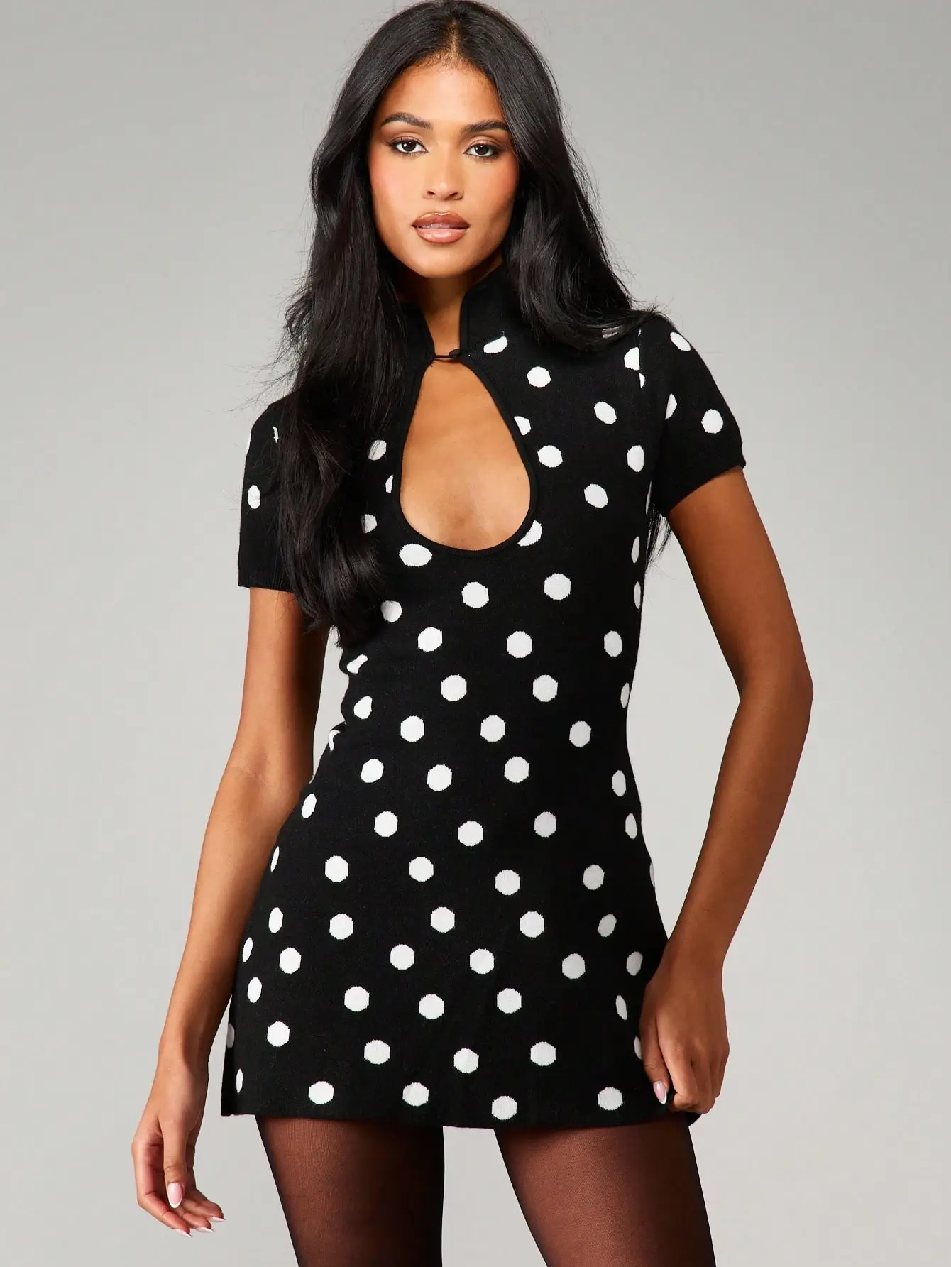 AESS x MISSGUIDED Retro Polka Dot Knit Mini Dress High Neck Keyhole Cut Out Short Sleeve Form Fitting Jacquard Pattern Fall Winter Party Sweater Dress