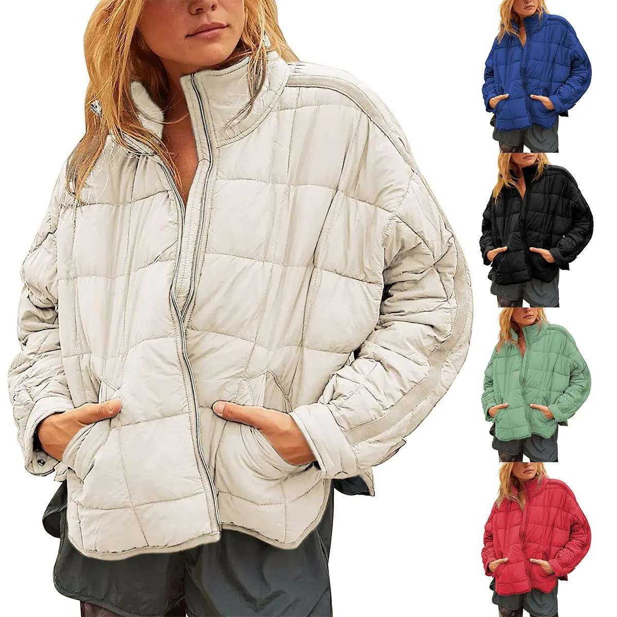 JovenPara Women's Oversized Quilted Lightweight Puffer Jacket - 100% Nylon Down Jacket, Casual Long-Sleeve Padded Outerwear with Side Pockets, Athletic Outerwear Top
