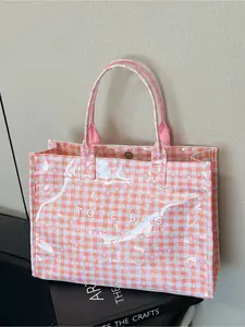 Macaron Plaid Transparent PVC Tote Bag for Women Large Capacity Waterproof and Wear Resistant Versatile Shoulder Handbag Perfect for Commuting School Daily Shopping