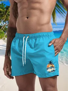 Men's Regular Fit Beach Print Swim Shorts, Casual Comfy Breathable Swim Shorts for Summer, Men's Swimwear for Beach Vacation, Swim Trunks