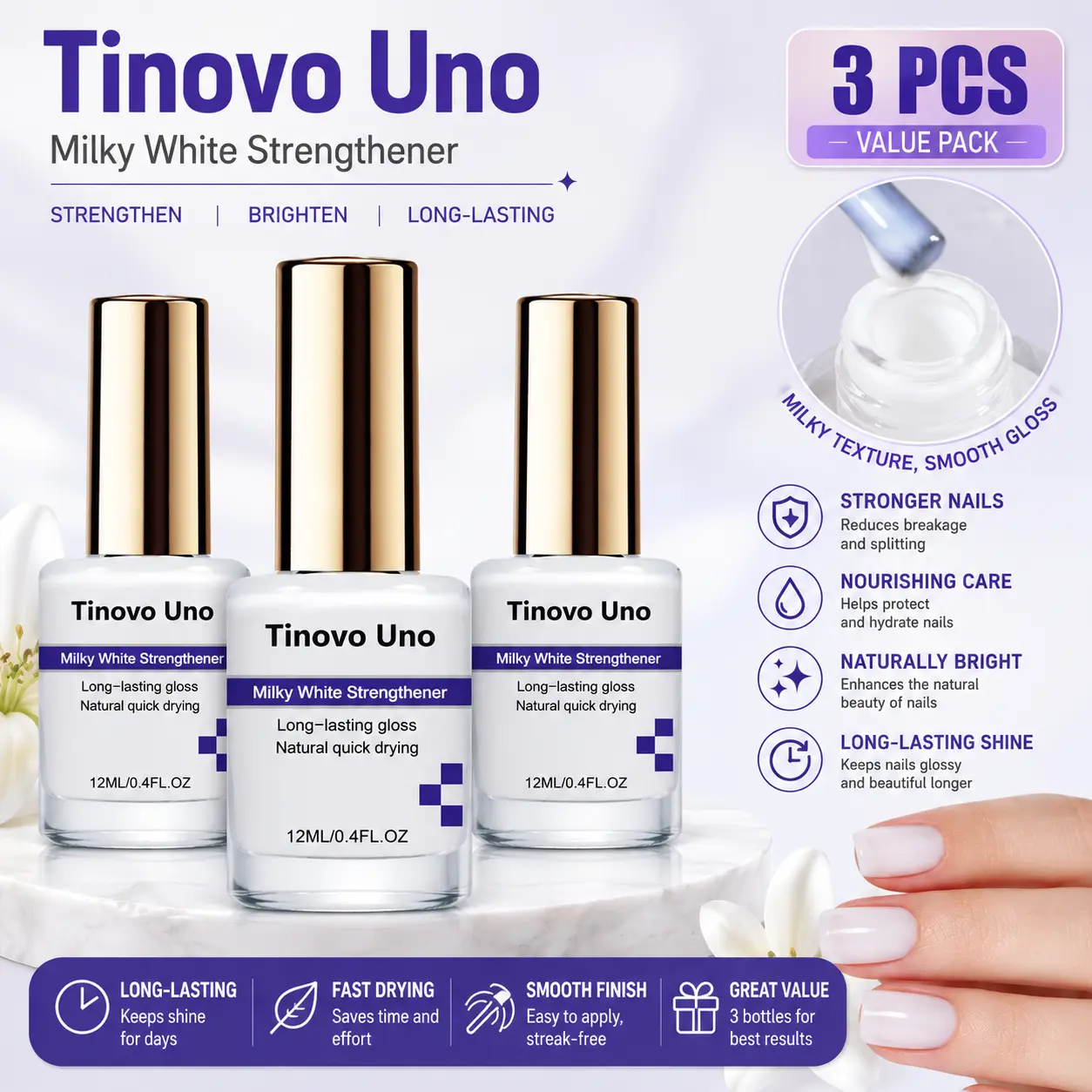 Tinovo Uno Keratin-Rich Alcohol-Free Nail Strengthener Treatment Oil (3 Packs) - Quick-Dry, No UV Lamp Needed, Reduces Breakage, Brightens, Nourishes, Naturally Whitens, Gentle Daily Formula for Minimalist Office Use