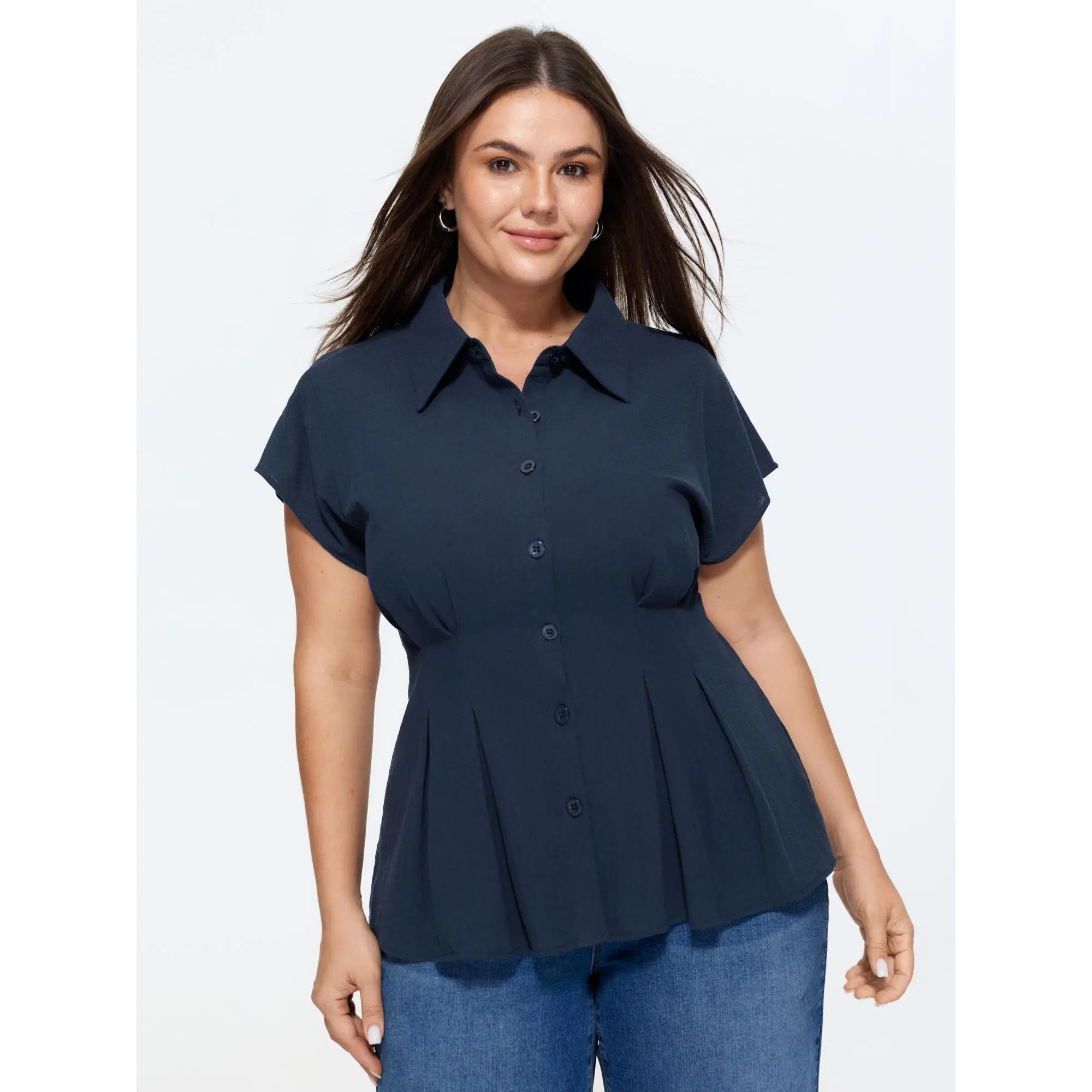 BloomChic Women's Plus Size Solid Fit and Flare Office Blouse in Smooth 100% Cotton with Dolman Sleeves and Tassels, Garment, Basic, Lady, Fabric, Shirts, Cropped Cut, Shortsleeve, Women's Clothes, Plus Size Clothes, Curvy Clothing, Office Work Clothes