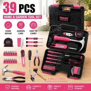Pink 39-Piece Hand Tool Kit, Complete Home Repair Tool Set for Household Use