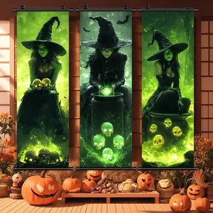 Halloween Witch Pattern Wall Banner, 3 Counts/set Mysterious Halloween Witch Decoration, Horror Poster, Party Posters, Living Room Decoration