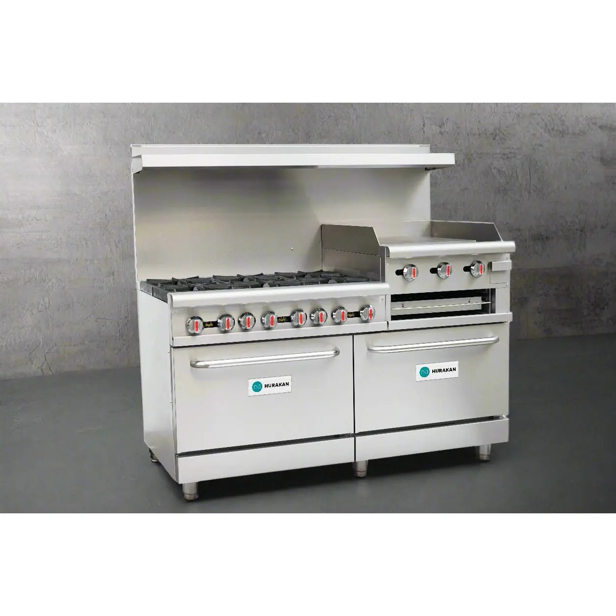 Hurakan Heavy Duty Range with Six Open Burners Dual Ovens Integrated Griddle & Broiler Manual Controls ETL Certified for Commercial Kitchens