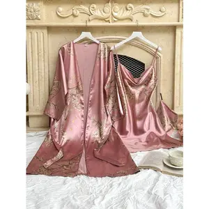 Elegant Floral Print Robe Set Women's 2 Piece Silk-Like Kimono Style Homewear With Belt Tie Closure All Seasons Nightwear