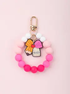 Teacher Silicone Beaded Keychain Wristlet Strap, Cute Apple/pencil Bow Charm, Handmade Multicolor Key Ring, Back to School Gift