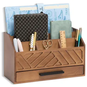 Brown Wood Desk Organizer and Accessories with Drawer, Bill Mail Organizer and File Mail Holder for Office Supplies, Modern Desk Accessories & Workspace Organizers for Desk Organization
