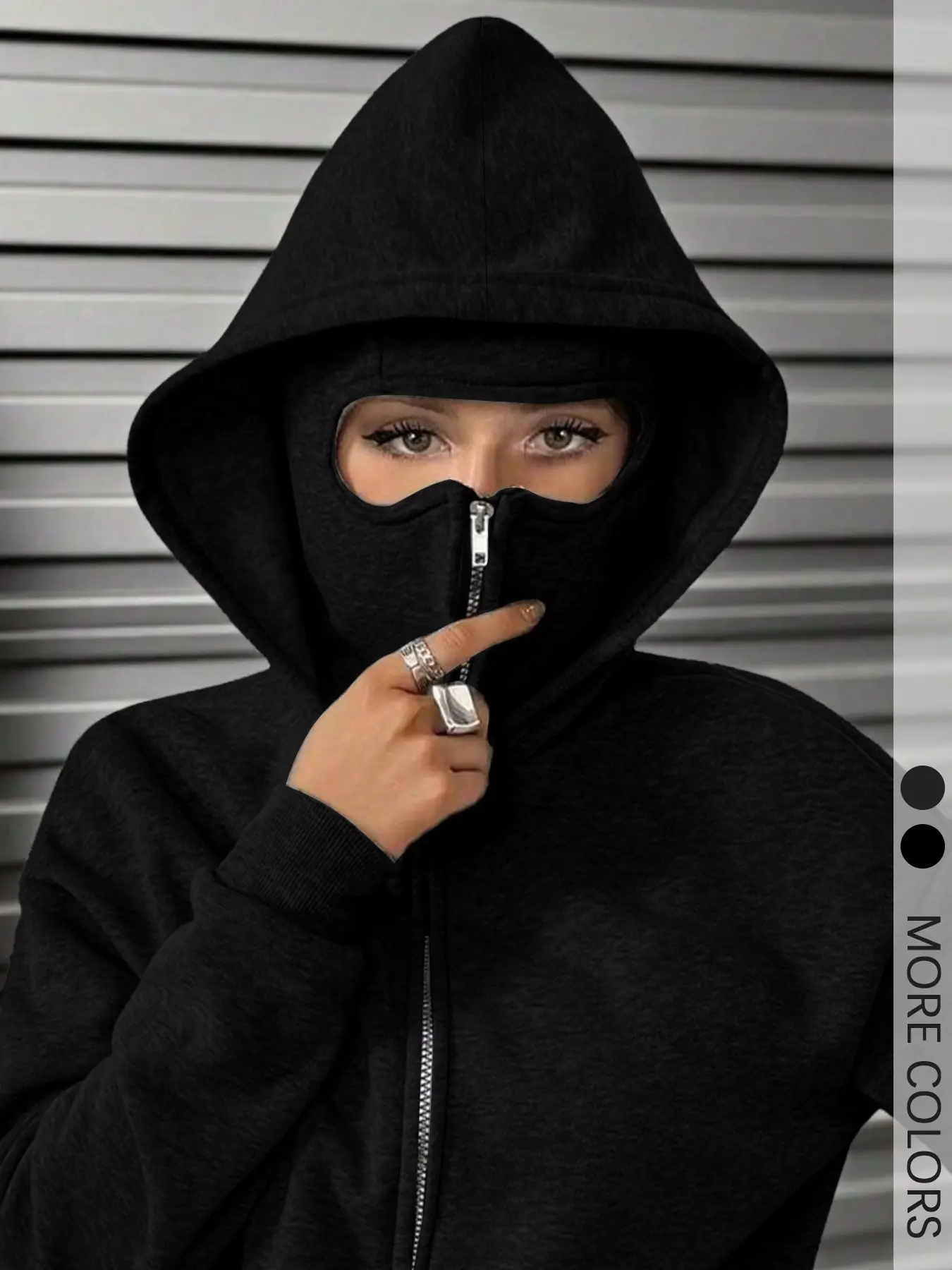 Women's Black Fitted Long Sleeves Full-Face Cover Hoodie with Zip-Up Mask Geometric Design, Aesthetic Cyberpunk Style Streetwear with Hidden Identity Feature for Urban Exploration Sweatshirts