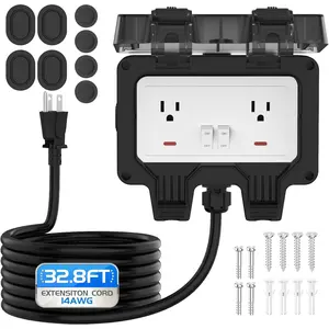 Outdoor Outlet Box with 32.8Ft Extension Cord, NEMA 5-15R, STW 14 AWG,IP66  Power Outlet Extender with /Off  & LED  for Garden Yards& Outdoor Activity