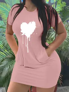Women's Heart Print Short Sleeve Tee Dress, Casual Round Neck T-shirt Dress for Daily Wear, Casual Everyday Wear, Ladies Clothes for All Seasons