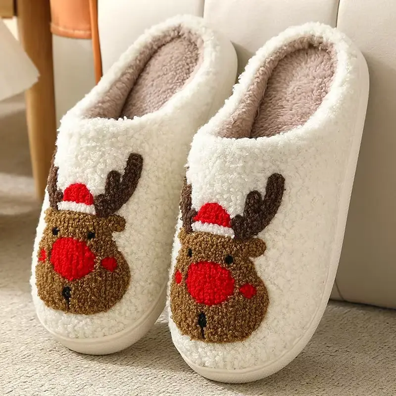 Christmas Elk Cotton Slippers for Women Men Winter Cute Cartoon Home Non Slip Couple Floor Slides Indoor Plush Shoes 20 Does not apply