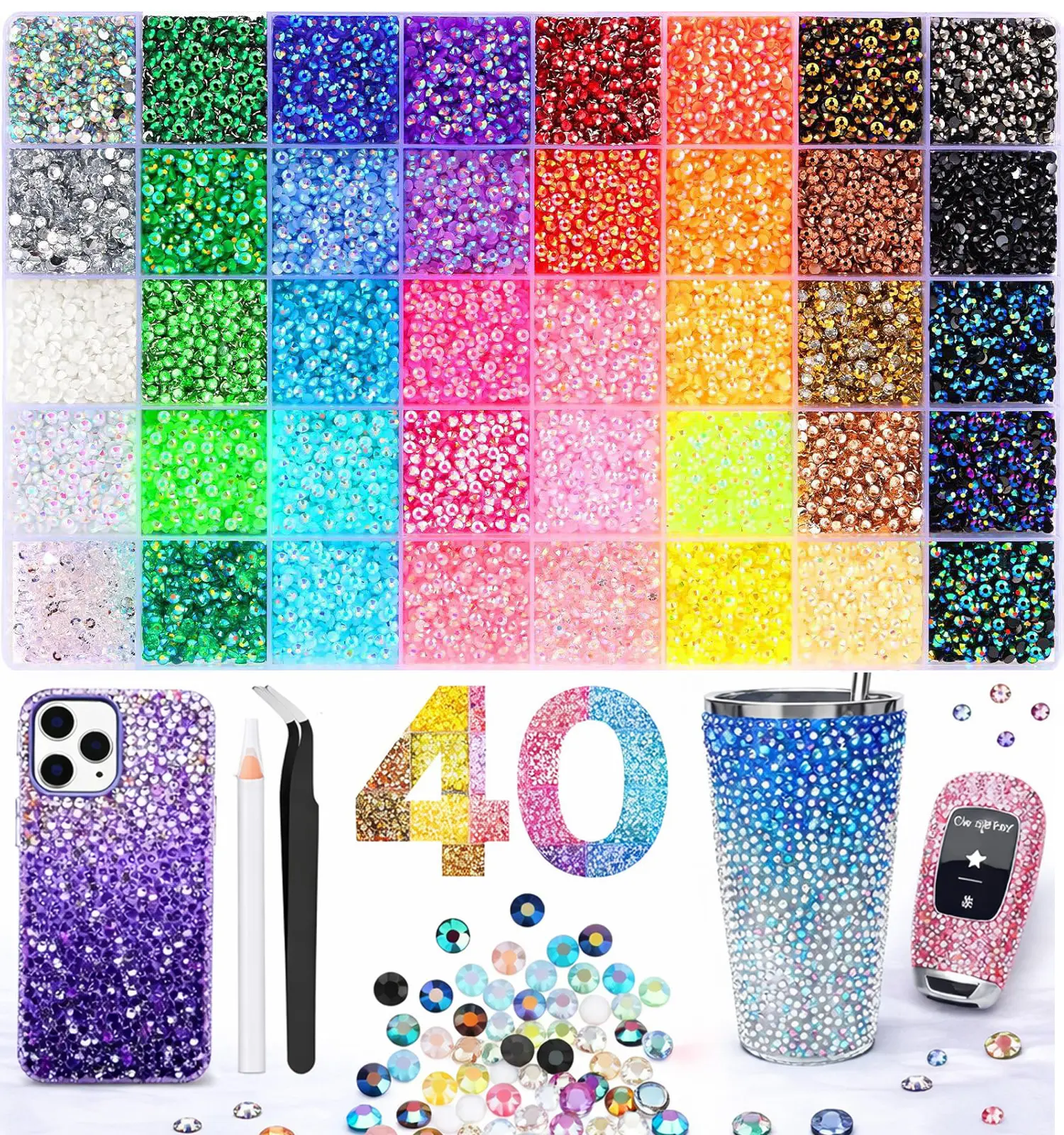 40 Color Resin Jelly Rhinestones for Bedazzled, 32000 Pcs Flatback Gems for Crafting, Bedazzling Kit for Clothing Shoes Nail Book Diamond Art