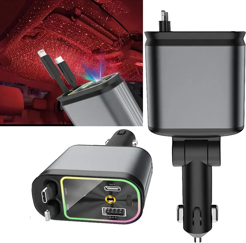 Star Top 4-in-1 Retractable Fast Charger with LED Light Compatible with iPhone & Type-C Dual USB Ports Car Item Efficient Charging 180-Degree Rotatable Design Smart Voltage Display Safety Features