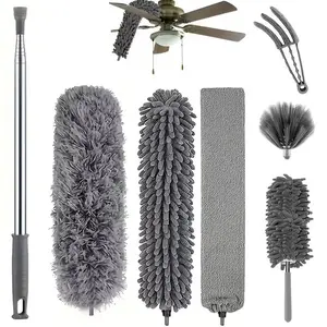 7pcs Extendable, Washable Microfiber Dusters with Extendable Stainless Steel Handle and Bendable Corner Broom, Extra Long Dusting Wand Up to 100.0inch, Ideal for Ceiling Cobwebs (Grey)