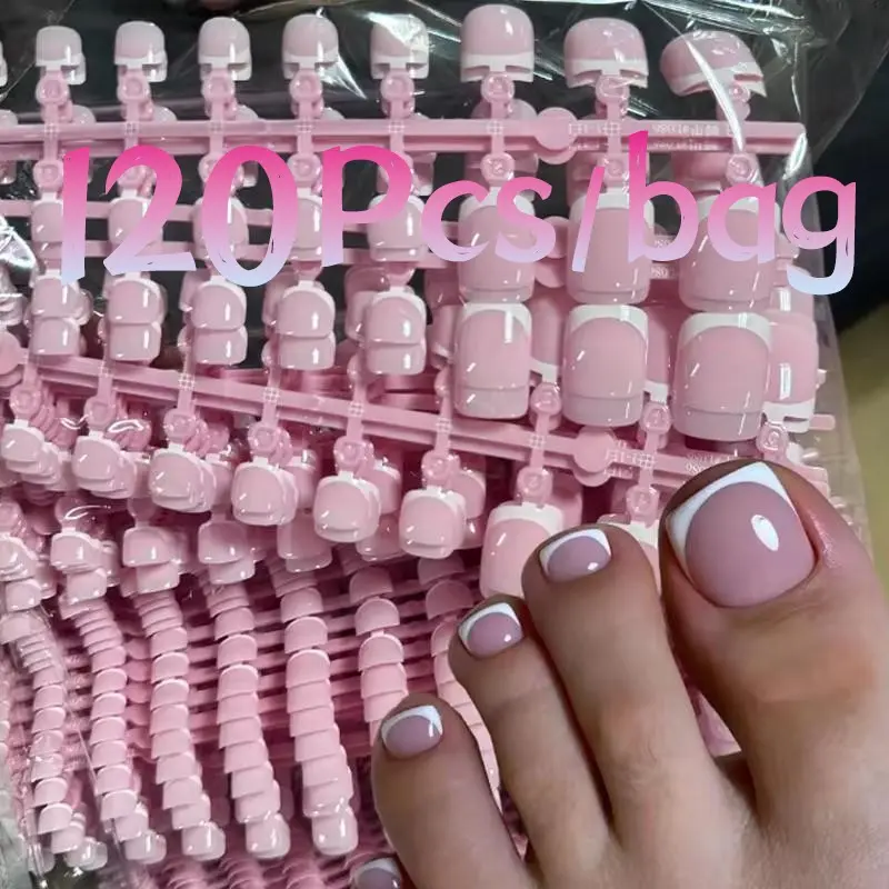 120Pcs Short Square False Toe Nail Tips, Glossy False Nails, Nail Design, Pink French Soft Gel Press On Toenails, White Edge Fake Toe Nails, Full Cover, Easy to Apply and Last Long for Parties, Weddings, Daily Wear
