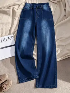 Women's Casual Loose Fit Wide Leg Jeans, Elastic Denim Long Pants, Slant Pocket & Button Design, Comfortable Fashion, All Seasons Essential, Streetwear