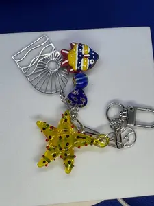 Ocean & Sun Bag Charm | Starfish and Fish Glass Bead Keychain | Handmade Beach Purse Charm | Coastal Gift for Ocean Lovers