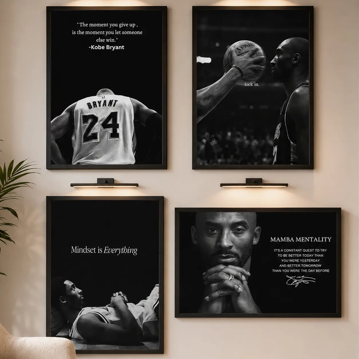 Kobe Bryant Lock-In Motivational Canvas Wall Art Print, Black-White Basketball Poster, Sports Decor for Bedroom, Gym, Champion Mindset Home Supplies