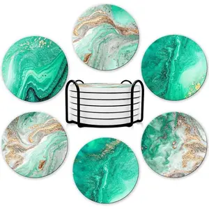 Coasters for Drinks,Round Absorbent Ceramic Stone Coasters Set of 6 with Cork Base,Funny Drink Coasters with Holder for Cold Drinks  Cups Tabletop Protection,4 Inches,Turquoise Green Marble