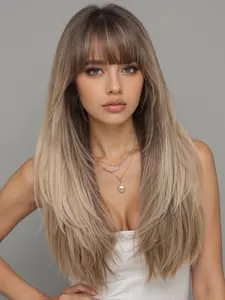 22 Inch Long Straight Wig with Bangs, Deep Root Synthetic Hair, Natural Look, Easy Care, Suitable for All Ages, Mother Gift, Natural Looking Wigs
