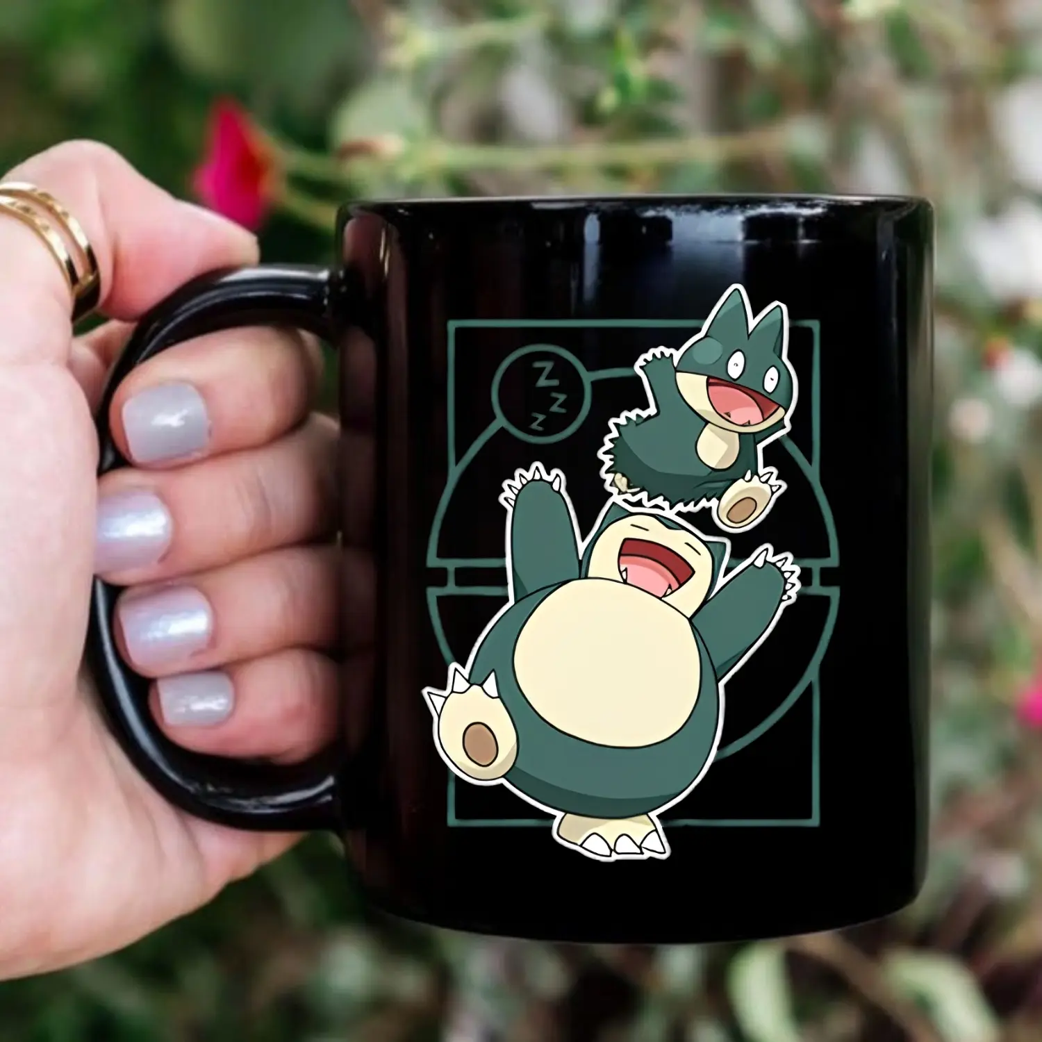 Japanese Snorlax and Munchlax Black Mug, Poke Fan Gift Anime Mug, Poke Father's Day Gift For Him, Pokedad Mug