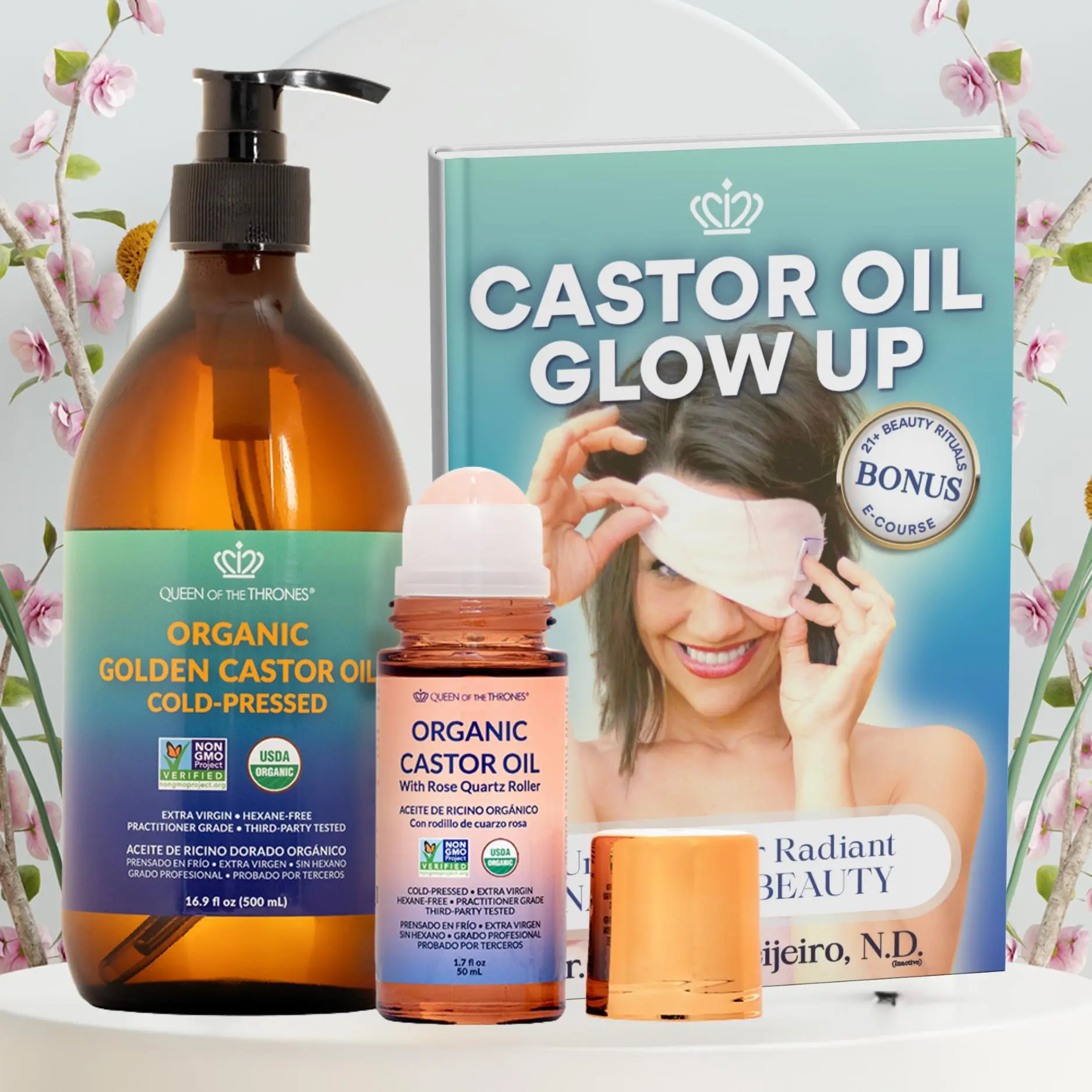 Organic Golden Castor Oil refill bottle of 16.9oz with dark amber glass organic and hexane with a Castor Oil Rose Quartz roll FREE travel friendly + a FREE Castor Oil Glow Up Book