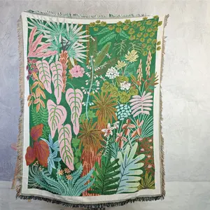 Tropical Rainforest Leaves Bohemian Yarn Jacquard Woven Blanket, Throw Blanket, with Tassel Chunky Soft Not Printed, Wear-resistant Washable Easy To Care, No Faded No Pilling, Used for Home Decor Sofa Chair Bed Outdoor Camping