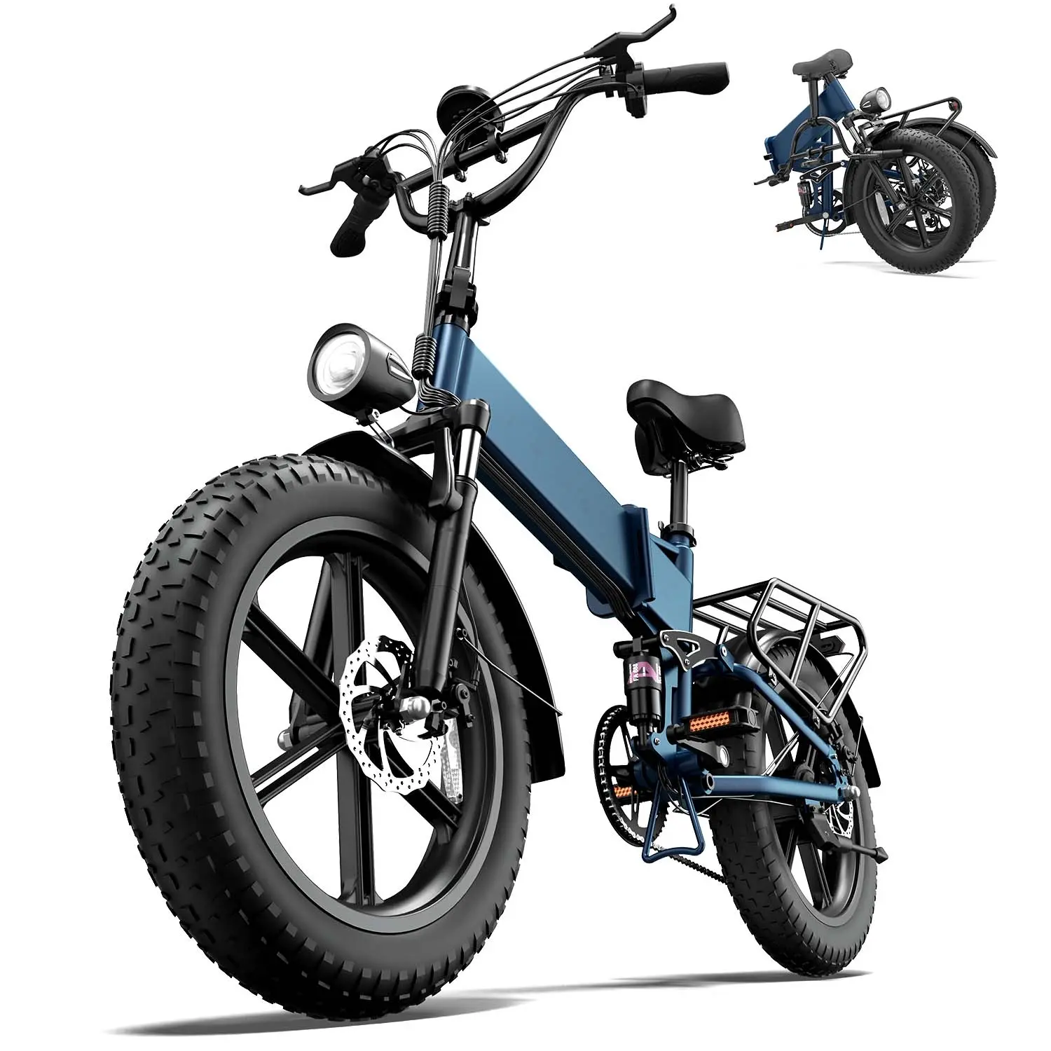 The T5 is a foldable mountain e-bike featuring a 745W peak-power motor, a top speed of 28 mph, all-terrain fat tires, a 48V 13Ah battery (80 km range), a 7-speed drivetrain, an LED headlight, a dual-disc brake system, and full suspension.