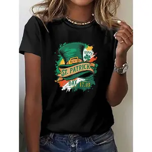 A T-Shirt Featuring a Leprechaun Hat, Perfect for St. Patrick'S Day, Designed As a Short-Sleeve Crew Neck Casual Top Suitable for Spring And Summer, Intended for Women'S Fashion.