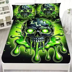 Neon Skull Bedding Set, 3-Piece Includes 1 Fitted Sheet and 2 Pillowcases, Soft Polyester Fiber, All Seasons