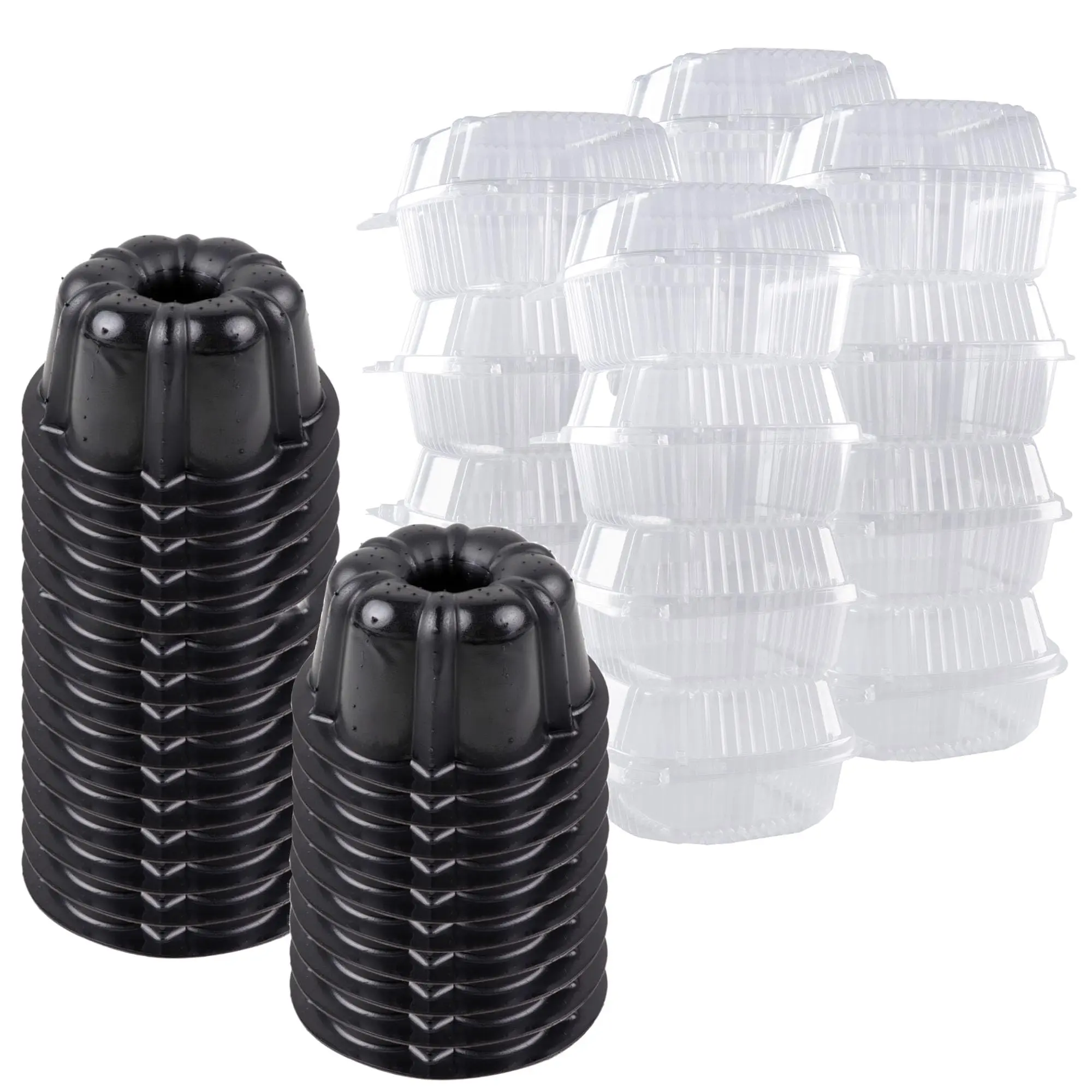 O’Creme Bakeable Plastic Mini Cake Pan with Container - Baking Pan With Non-Stick Silicone - Reusable Mold For Baking and Much More - and Clear Snap-Closure Container - 50 Cake Pans + 50 Containers