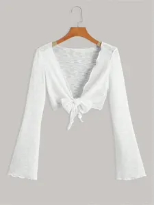 Women's Bow Decor Open Front Crop Cardigan, Casual Long Sleeve Cropped Knitwear for Summer, Fashion Women's Knit Clothing for Daily Wear, Tops, Knitting, Womenswear