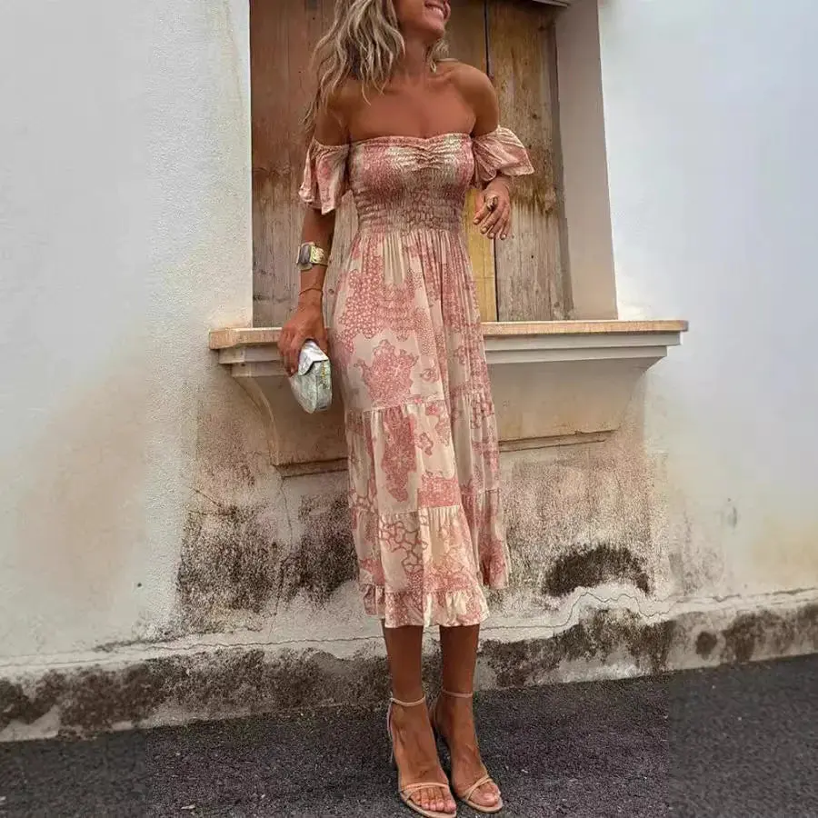 Women's Off-Shoulder Ruffled Formal Dress - Rose Gold Layered Cake Style Polyester Fabric for Evening Parties, Weddings, Soft, Smooth, Breathable, Comfortable, Lightweight, Flattering Fit Statement Skirt