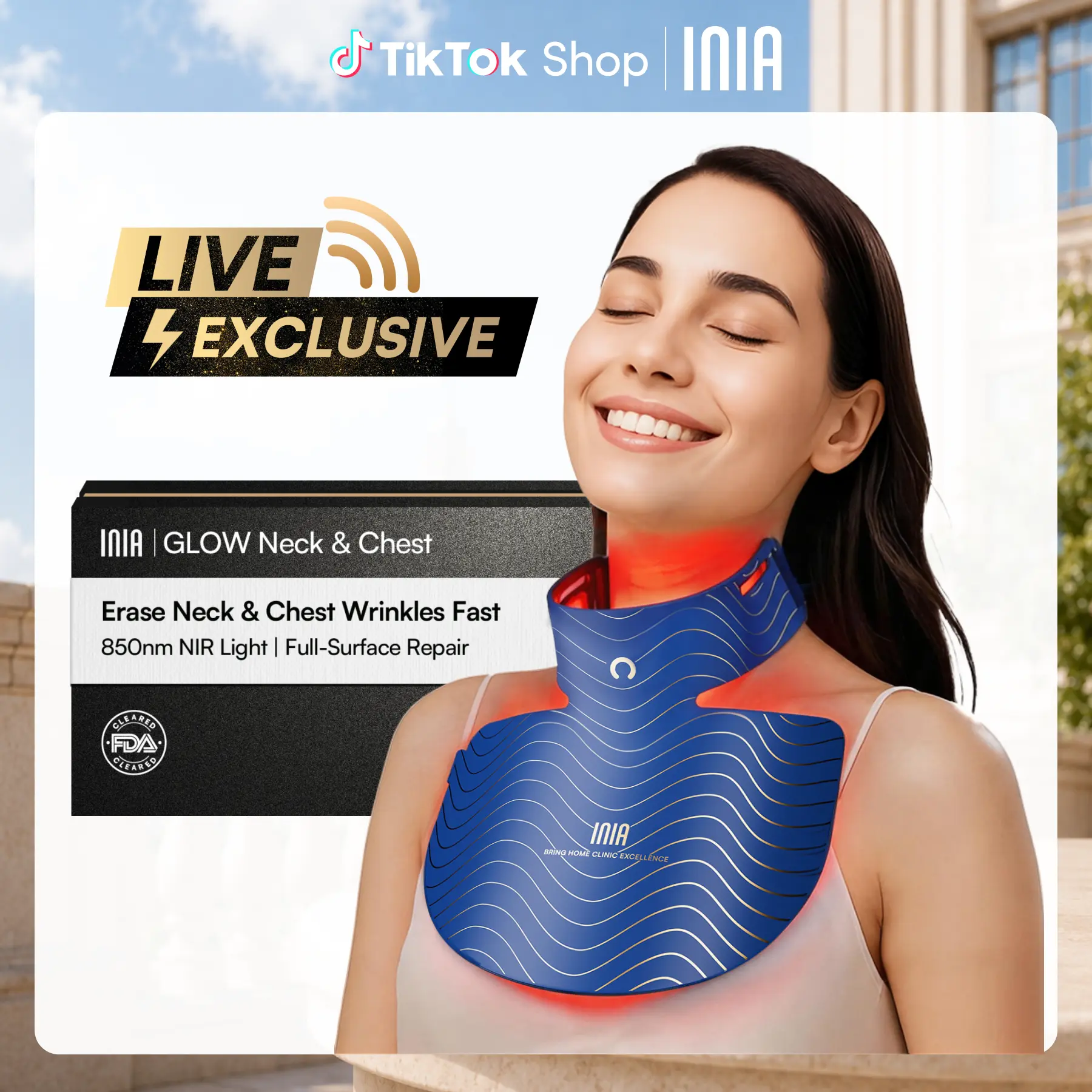 【LIVE EXCLUSIVE】INIA GLOW Neck & Chest Red Light Mask – 850nm NIR | Fade Wrinkles & Spots | Lift & Firm in 4 Weeks - Red Light Skincare Device with 2600mAh Rechargeable Controller, Clinic-Grade, Full Coverage,Summer Beauty Gift Ideas