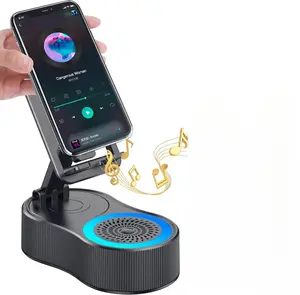 Gifts for Men Women,Cell Phone Stand with Wireless Bluetooth Speaker,Colorful Ambient Light 360° Foldable for Tablet iPhone Android 2 Wireless Microphones HD Surround Sound (Black)
