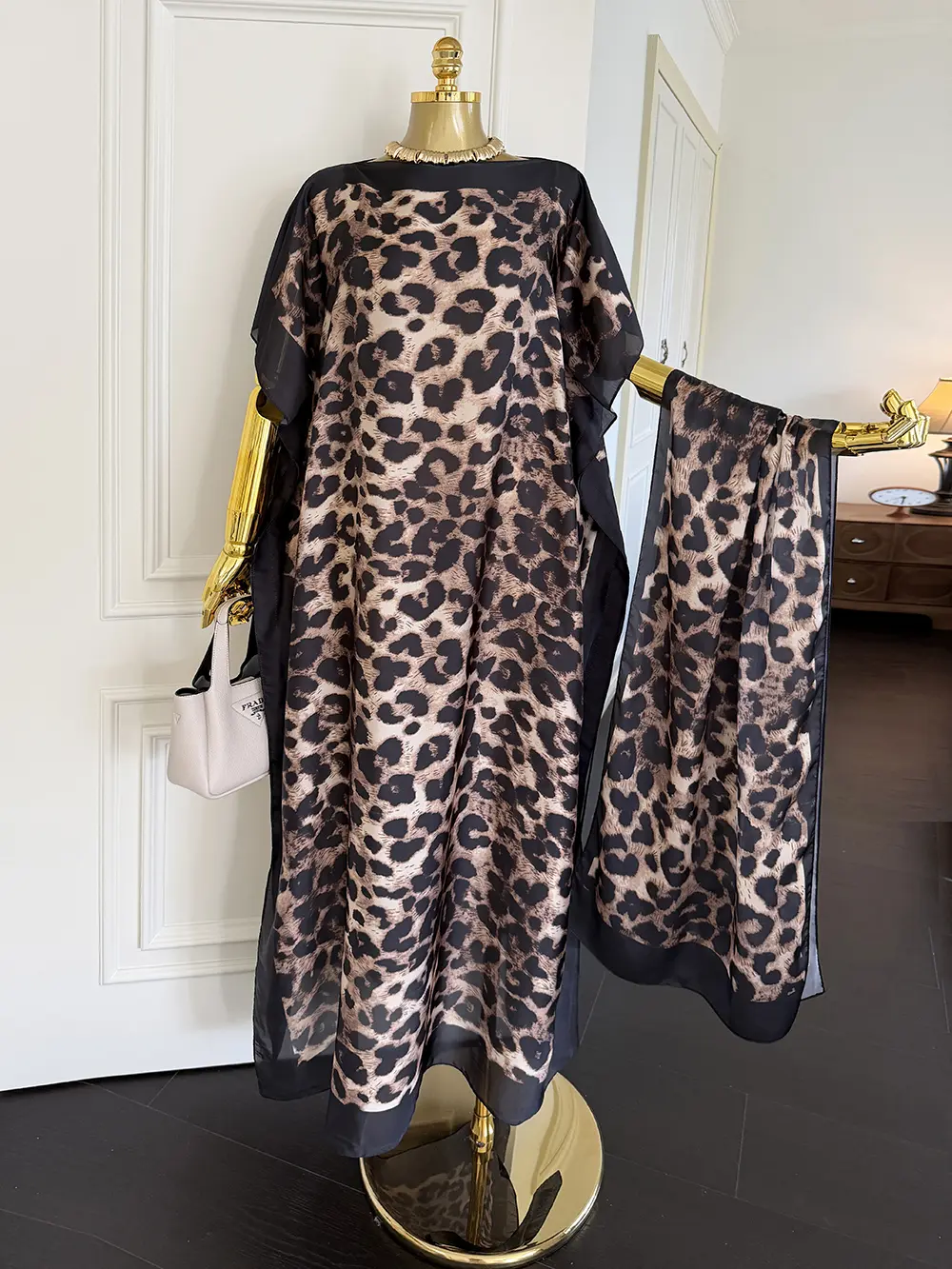 [Laruda-Original style] Women's Fashion Leopard Print Long Robe Set, Matching Moomoo Dress + Scarf Headband, Casual Woven Fabric, Thin All-Season Wear, Beach Sun Protection