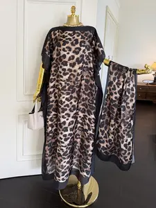 [Laruda-Original style] Women's Fashion Leopard Print Long Robe Set, Matching Moomoo Dress + Scarf Headband, Casual Woven Fabric, Thin All-Season Wear, Beach Sun Protection