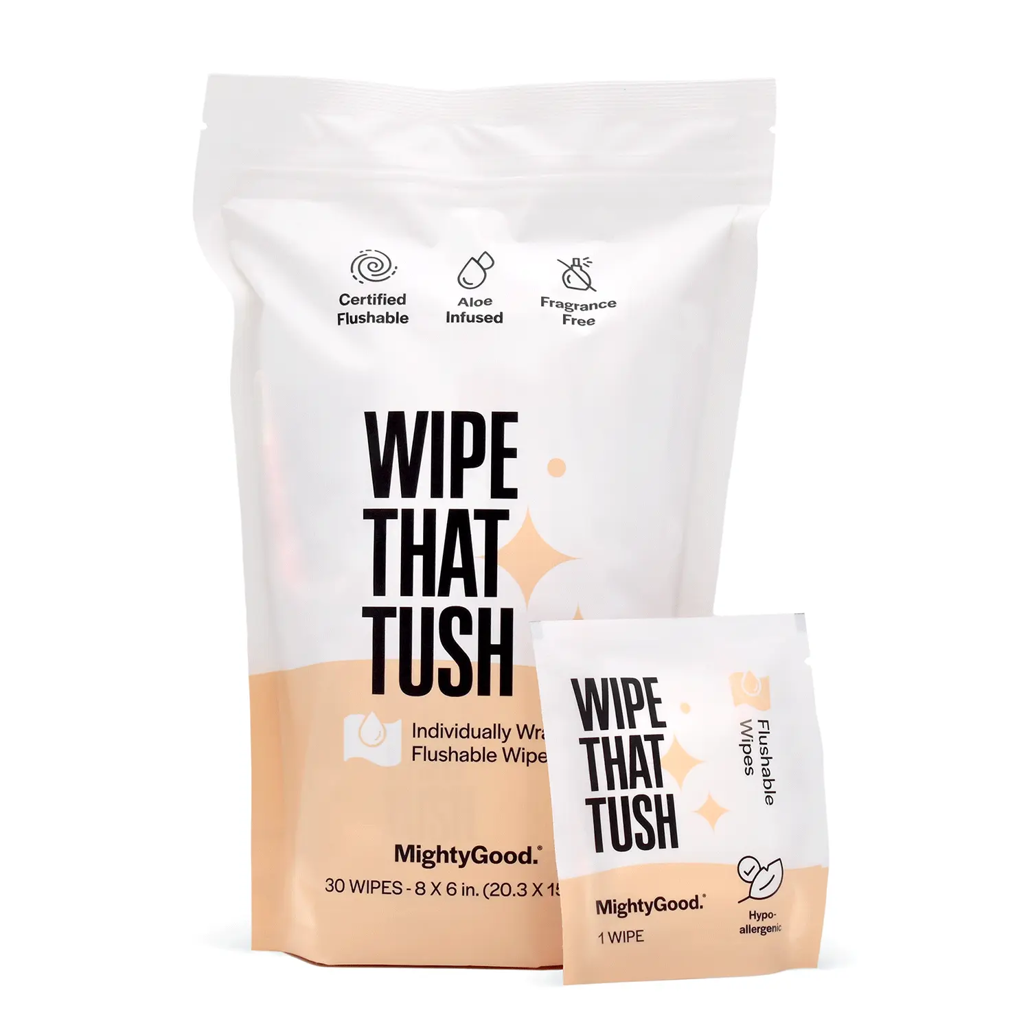 Wipe That Tush On-The-Go Flushable Wipes - 1 Pack of 30 Individually Wrapped Wipes - Fragrance Free - Extra Large & Soft - Hypoallergenic With Aloe & Vitamin E - Travel Friendly Smooth