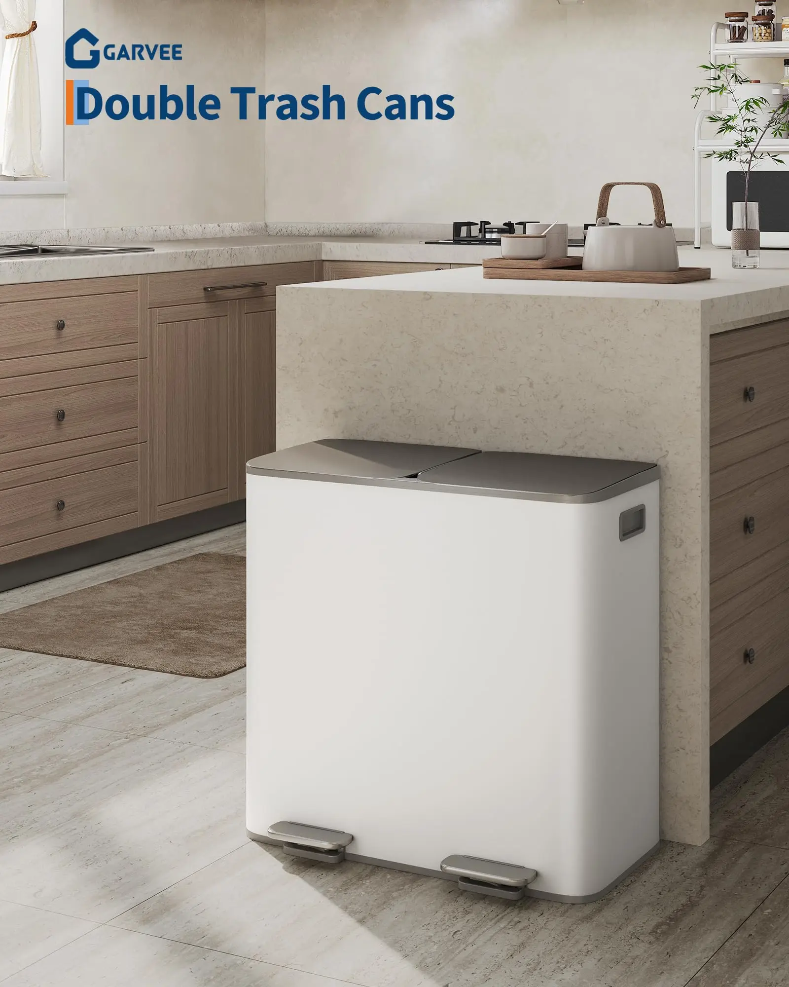 Gaomon Stainless Steel Dual-Bin Step Garbage Can - 2x10.6 Gal (2x40L) Soft-Close Lid, Grayish-White ABS Hands-Free Large Capacity Double Trash and Recycling Bins for Kitchen Indoor Use, Dual Trash And Recycling Bins For Kitchen