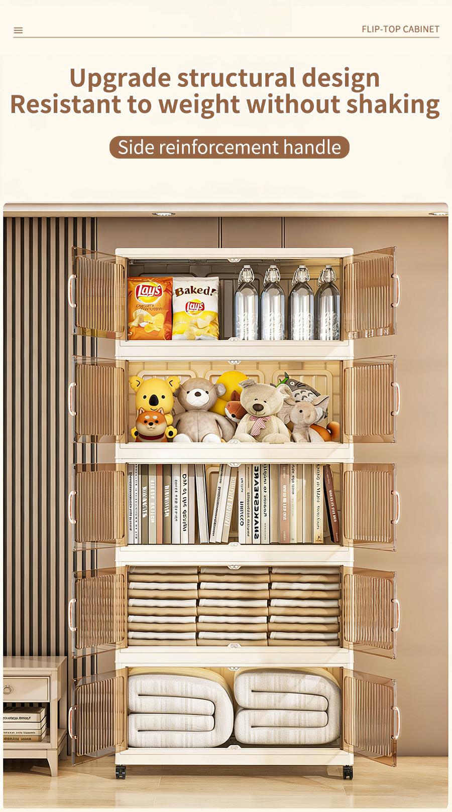 No Assembly Required Foldable Storage Cabinet with Wheels, Large Capacity Double Door Dustproof Closet Organizer for Bedroom, Small Apartment, Rental Home