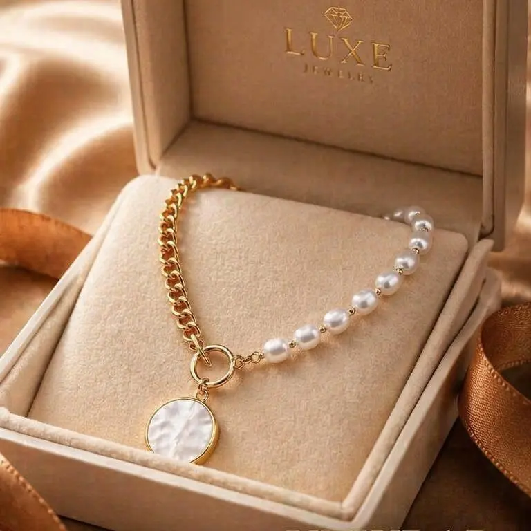 Gold flat chain with faux pearl clasp necklace, featuring a shell pendant, women's delicate half-chain choker, simple and elegant, popular clasp necklace, gold flat chain with shell pendant