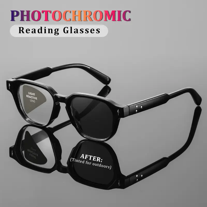 Photosensitive color-changing reading glasses; thickened square frames with millet decoration; outdoor automatic transition to sunglasses when exposed to light; anti-ultra reading glasses for middle-aged and elderly people; Eyeglasses Photochromic.
