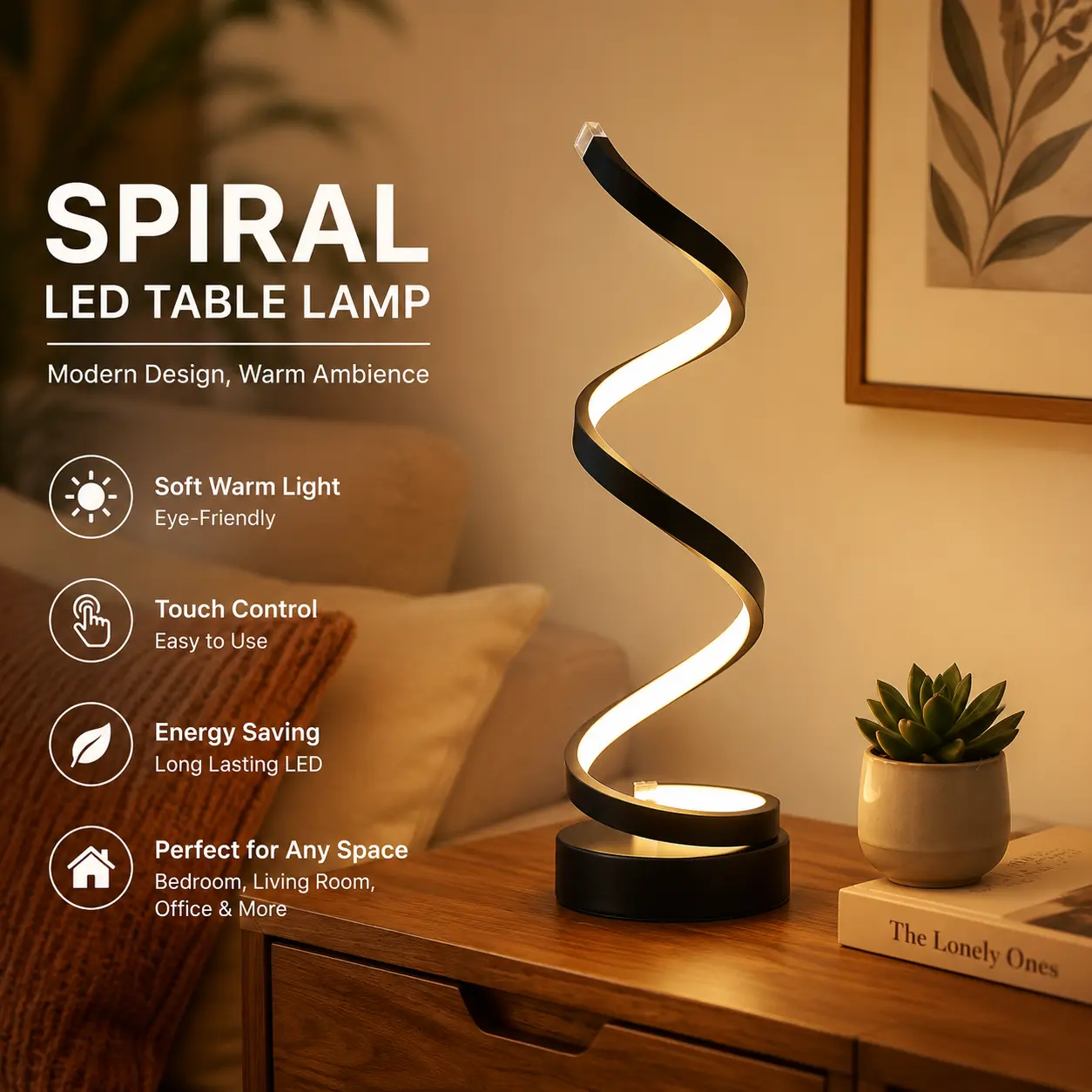 Spiral LED Table Lamp, Flexible Bendable Snake Night Light USB Plug, Dimmable 3 Color Temperature Mood Lighting for Bedroom Bedside Desk Living Room Decor