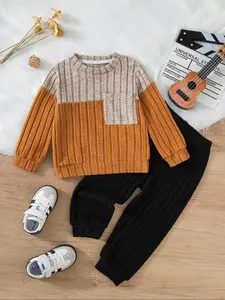 Toddler Boys Knitted 2Pcs Sets Splicing Color Pocket Round Neck Long Sleeve T-shirt+Legged Pants Set Grid Elasticity, With Pockets, Cute, Soft, Cozy Autumn and Winter Kids Clothing, Festival Gifts, Holiday Outing Wear